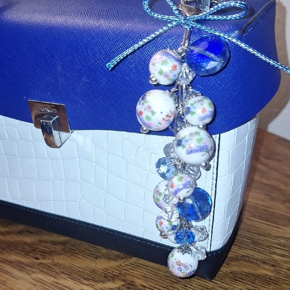 Porcelain Beads With Blue And Clear Crystals Beads Keychain/Handbag Charm - Picture 1 of 6